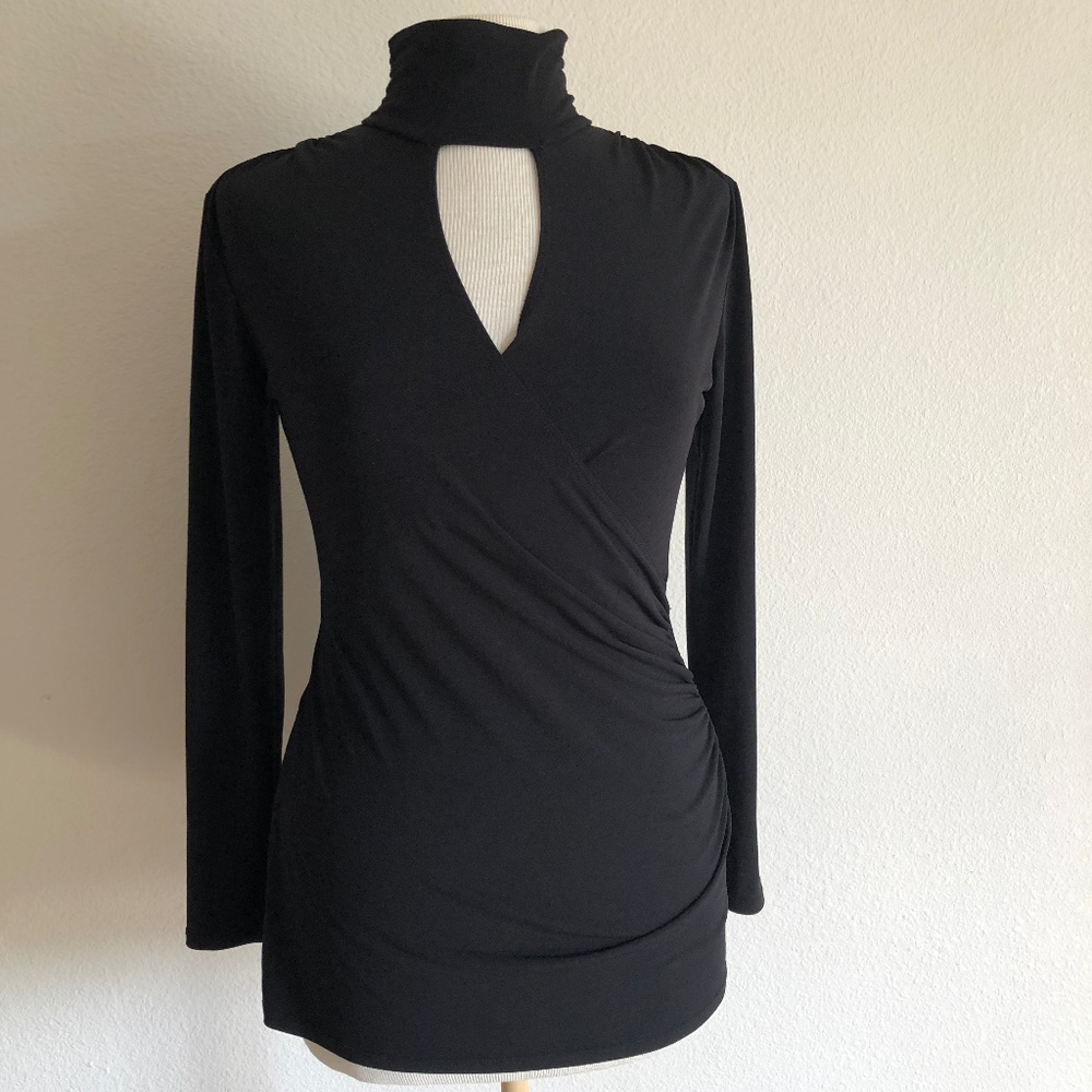 Cache Black Faux Wrap Cut Out Top